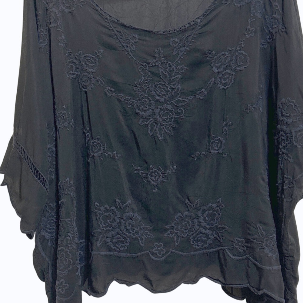 Johnny Was Embroidered Blouse OS Black Cupra Rayon Floral Boho Top